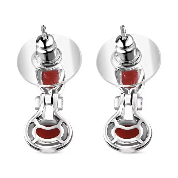 Mediterranean Coral, White Zircon Earrings in Platinum Over Sterling Silver 2.25 - Picture 5 of 5